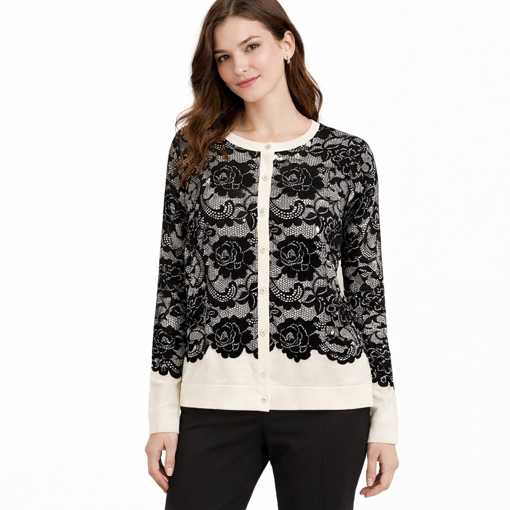 Isaac Mizrahi Live! Black White Lace Cardigan L